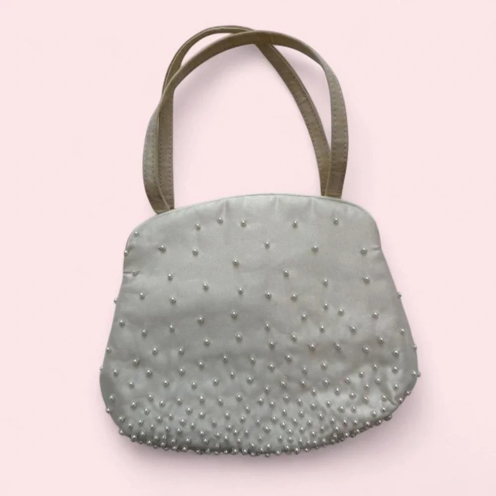 Vintage Cream Pearl‎ Studded Satin Evening Handbag